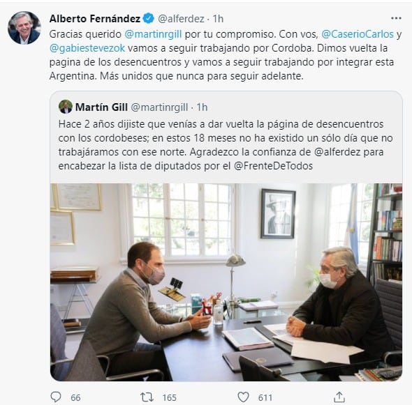 Martín Gill, intendente de Villa María, en uso de licencia, se reunión con Alberto en Olivos.