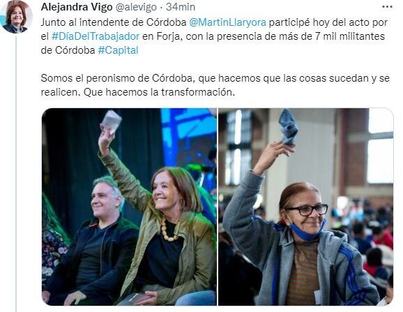 La senadora Alejandro Vigo y el intendente Martín Llaryora, en el acto del Día del Trabajador.