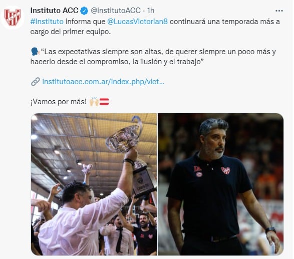 Lucas Victoriano seguirá como DT en Instituto.