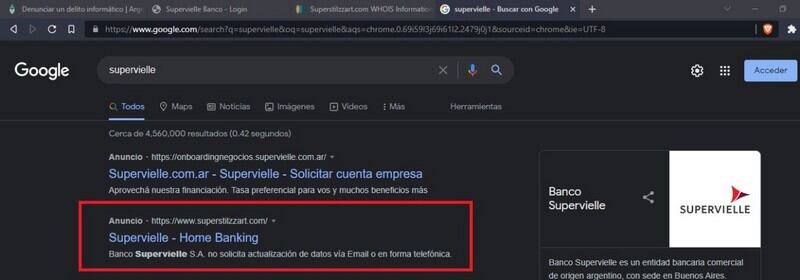 Sitio web FALSO del banco Supervielle. Estafas.
