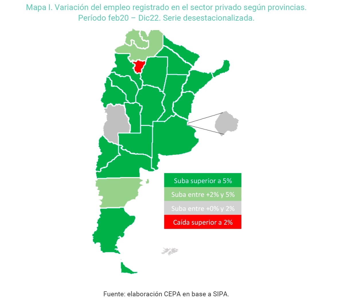 Variación del empleo en el sector privado por provincia. Período febrero 2020 - diciembre 2022.