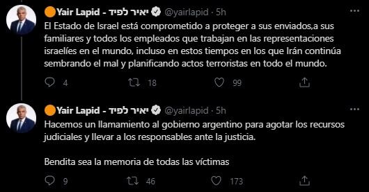 Los tuits de Yair Lapid.