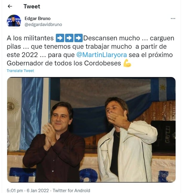 El tweet de Edgar Bruno en apoyo a una eventual candidatura.