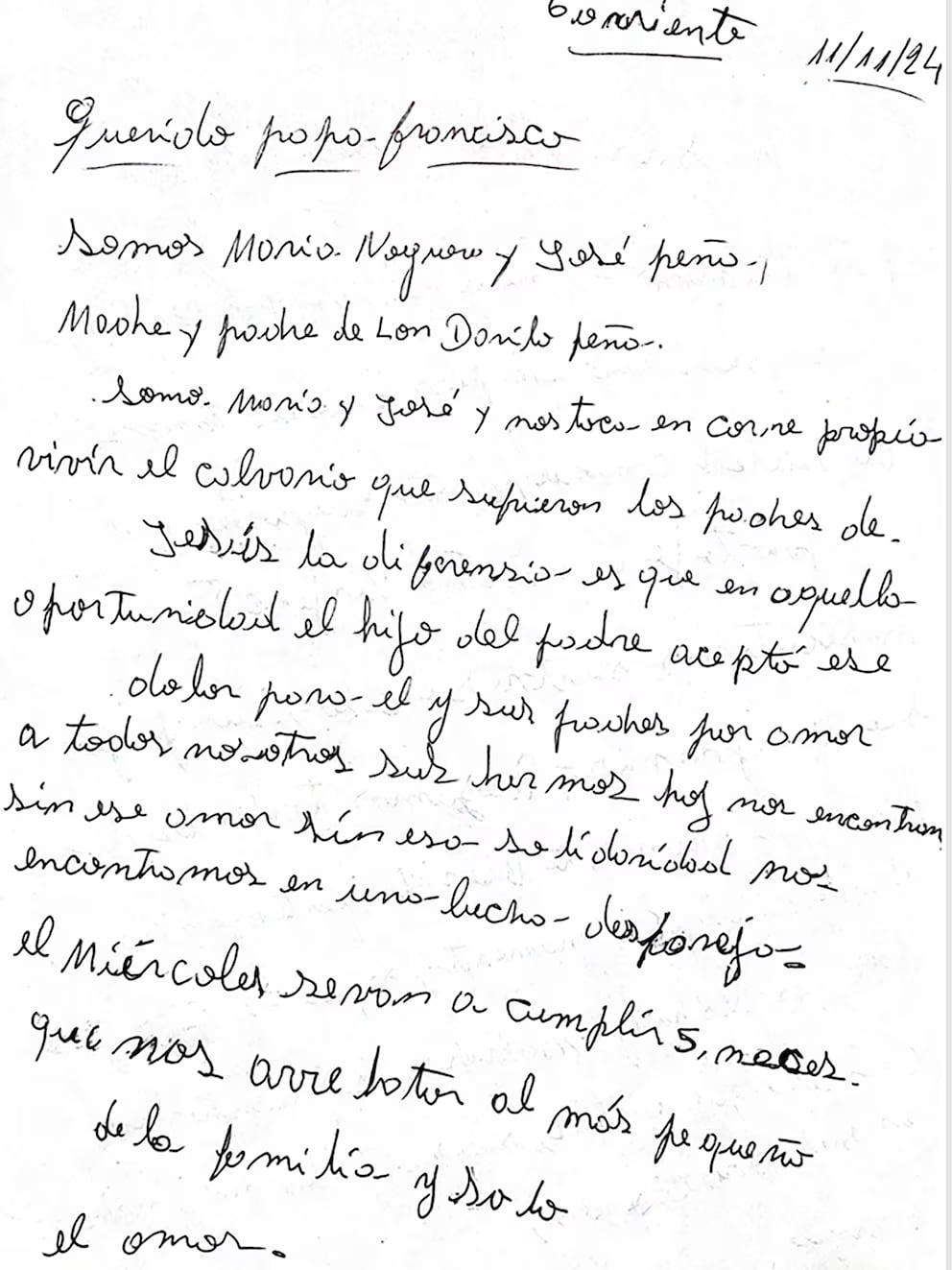 La carta de los padres de Loan Peña al Papa Francisco