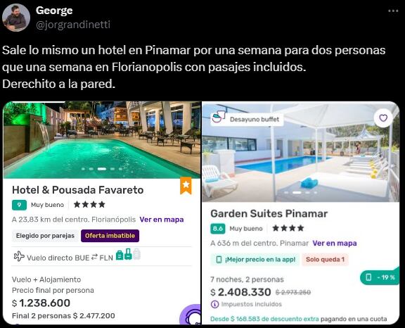 La diferencia de precios entre Florianópolis y Pinamar.