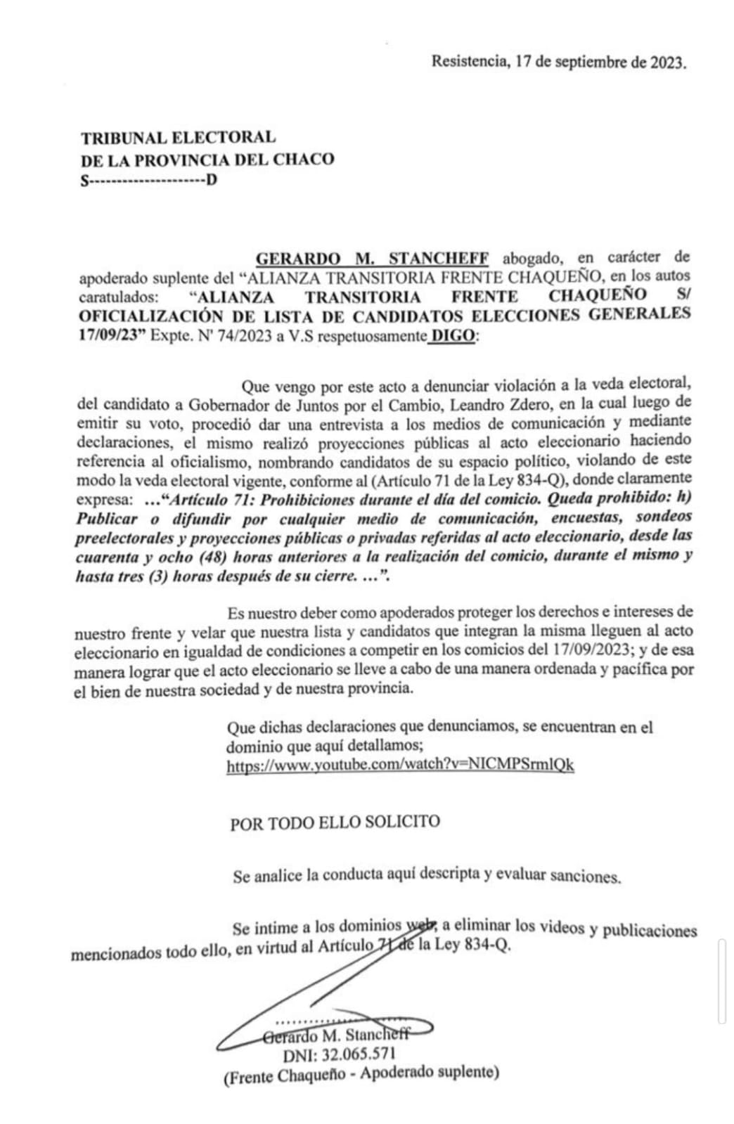 El Frente Chaqueño denunció a Zdero por violar la veda electoral.