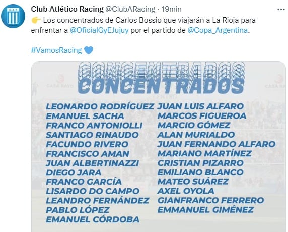 El plantel de Racing, para dar otro golpe en Copa Argentina.