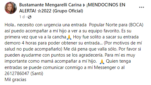 El pedido de una madre para acompañar a su hijo a la cancha.