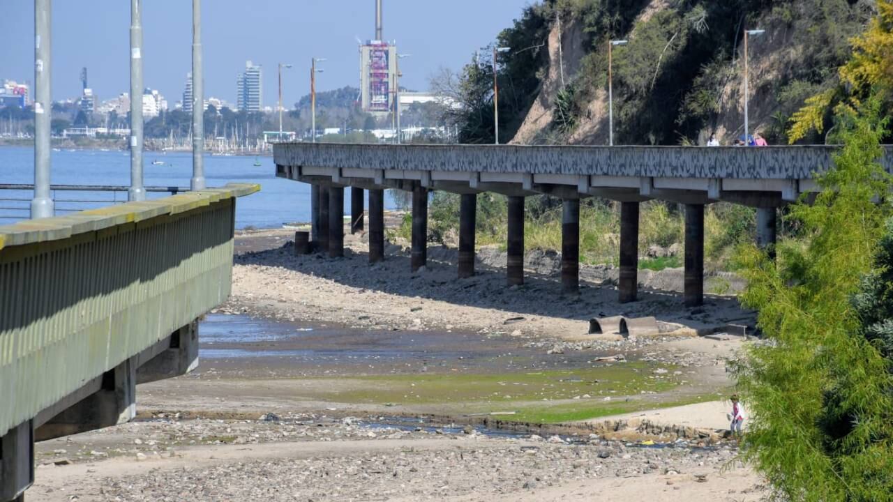 La bajante histórica del río Paraná en Rosario dejó a la vista los pilotes del Paseo del Caminante en la costanera norte.