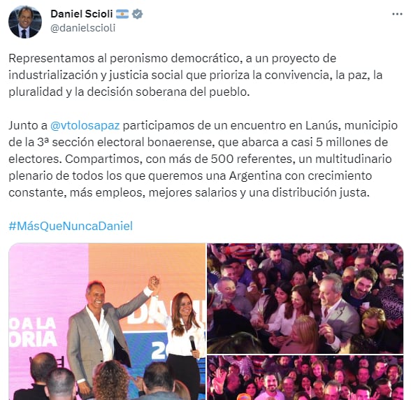 Daniel Scioli junto a Victoria Tolosa Paz en Lanús.