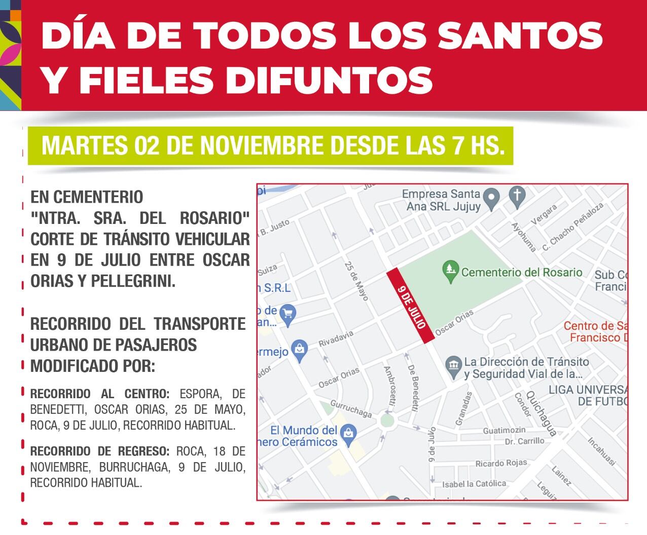 Dispositivo de corte de tránsito en inmediaciones del Cementerio "Nuestra Señora del Rosario", por el Día de Almas en Jujuy.