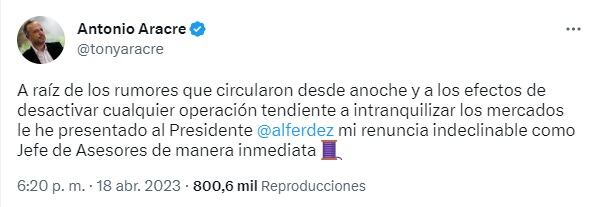 De esta forma Antonio Aracre anunció su renuncia