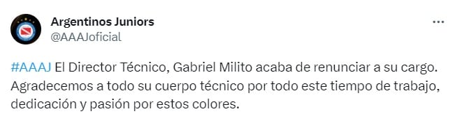 El mensaje de Argentinos tras la renuncia de Milito.