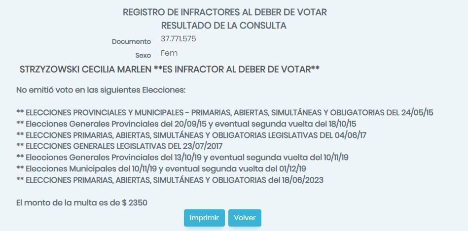 Registro de Infractores elecciones provinciales Cecilia Strzyzowski.