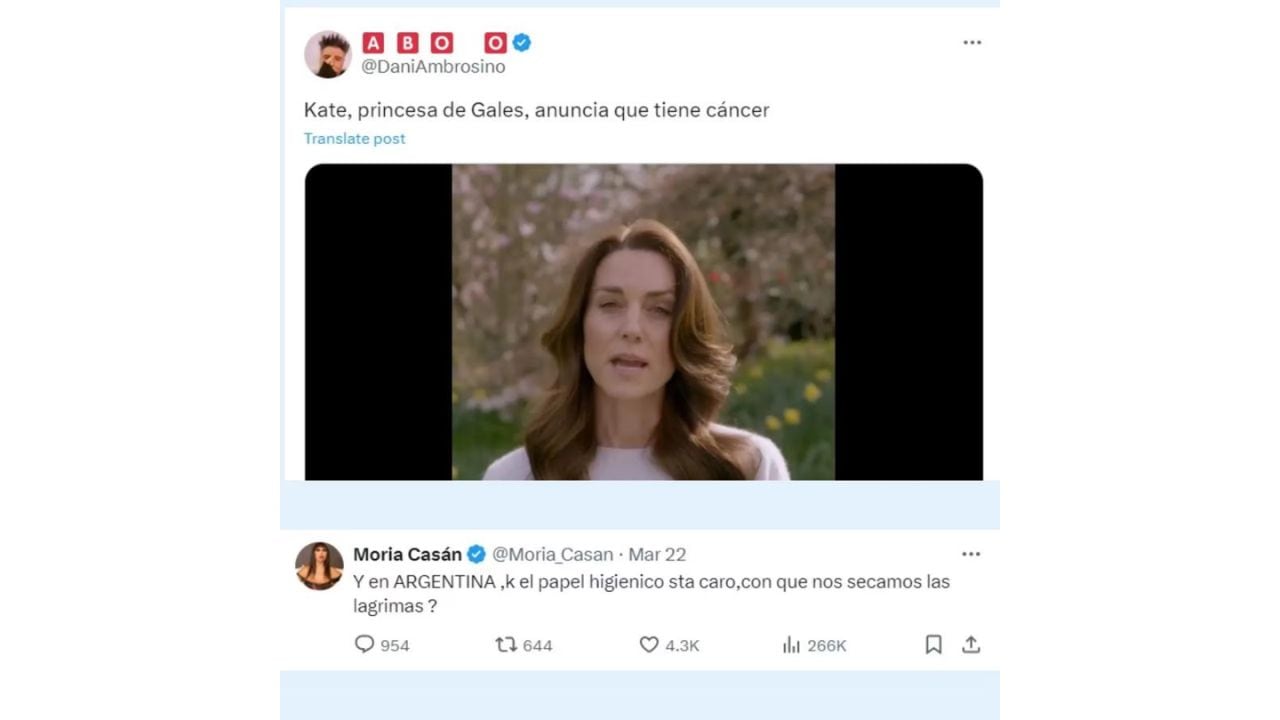 Comentario de Moria Casán sobre el comunicado de Kate Middleton, princesa de Gales.