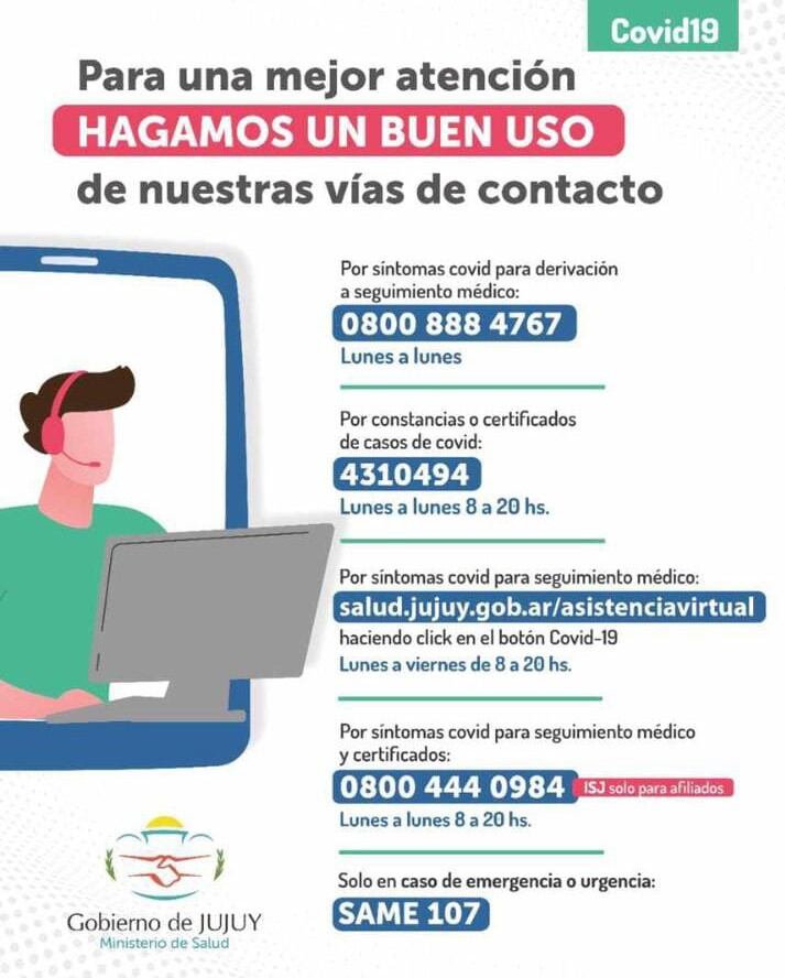 Pieza gráfica distribuida por el COE con las vías de contacto por Covid-19 activas en Jujuy.