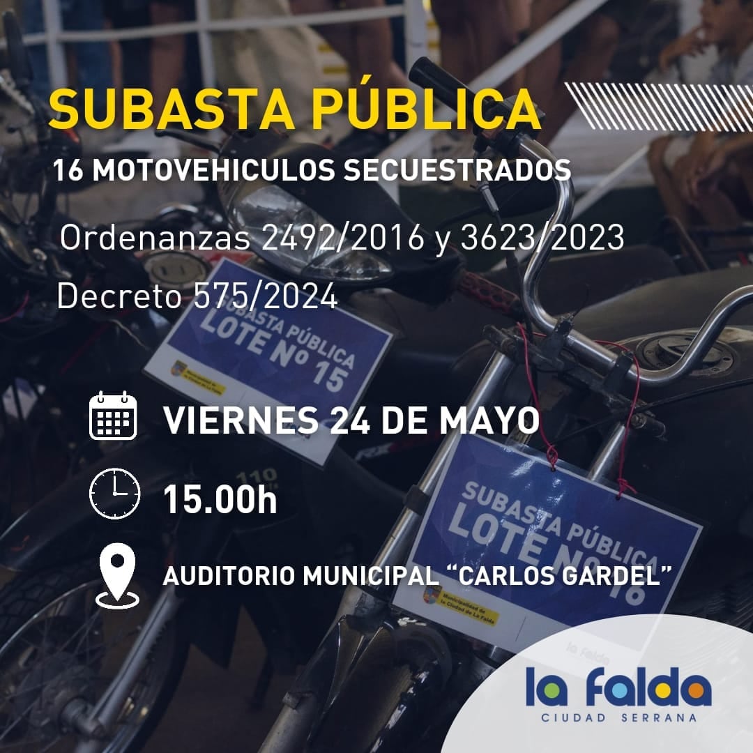 La Municipalidad de La Falda subastará 16 vehículos sin monto mínimo.