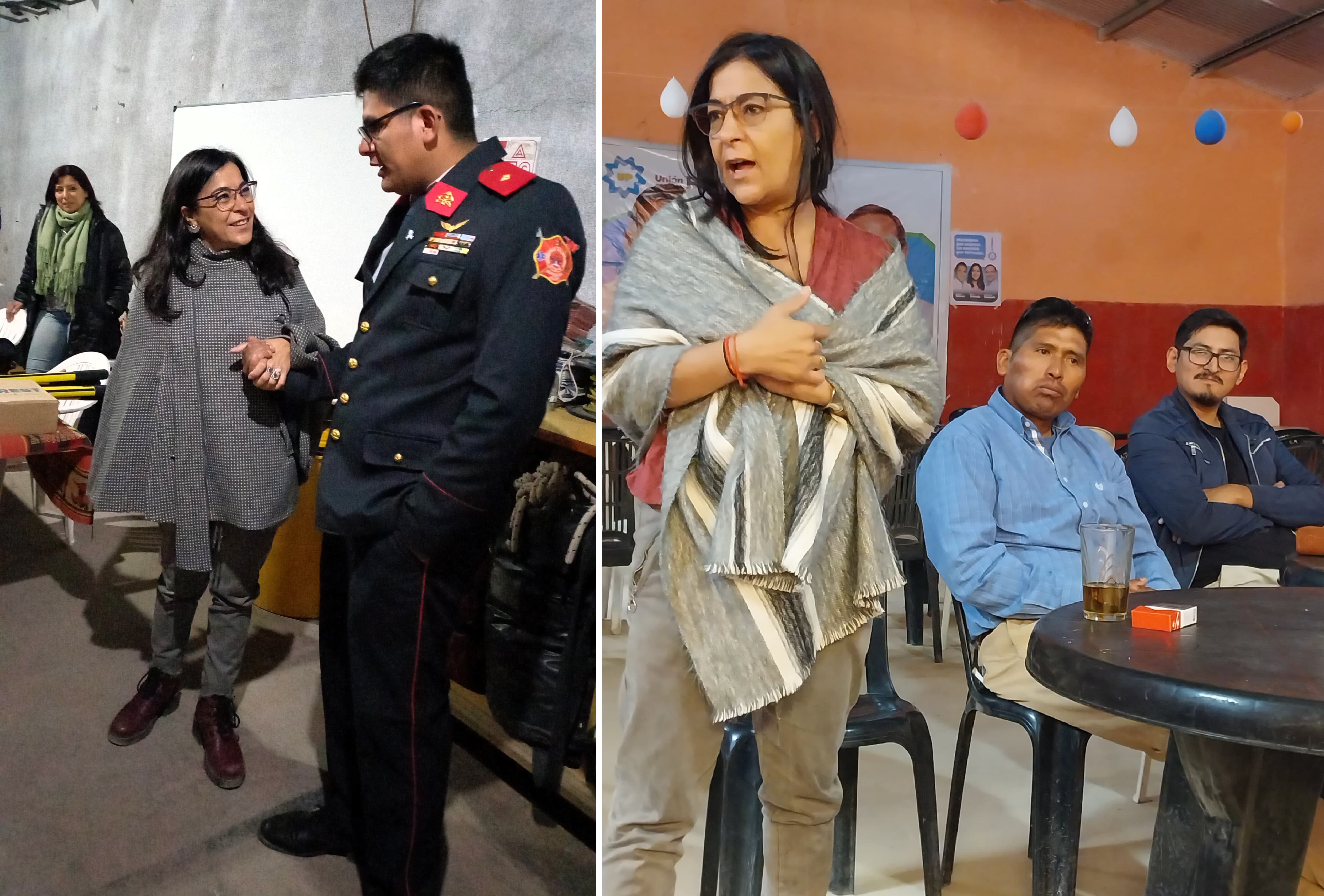 La diputada Moisés recorrió la Quebrada de Humahuaca, donde se reunió con bomberos voluntarios de Maimará (izquierda) y dirigentes de UxP en Purmamarca.