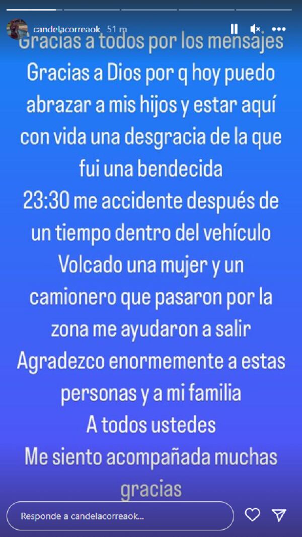 Las palabras de Cande Correa luego del accidente vial que vivió.