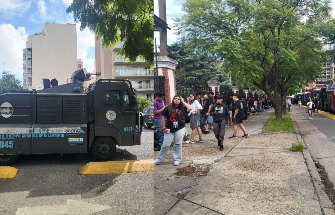 Camiones hidrantes de la policía en el recital suspendido de Milo J