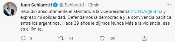 El gobernador Juan Schiaretti expresó su repudio contra el ataque armado contra la Vicepresidenta.