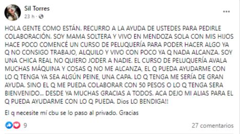 El pedido que realizó Silvana para que la ayudaran con lo que pudieran.