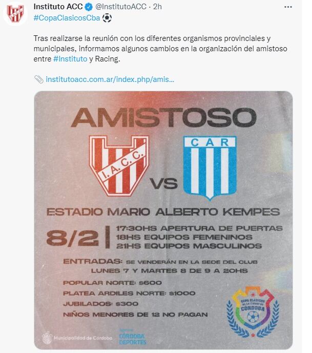 La organización del clásico modificó la ubicación en el Kempes para las parcialidades de Instituto y Racing.