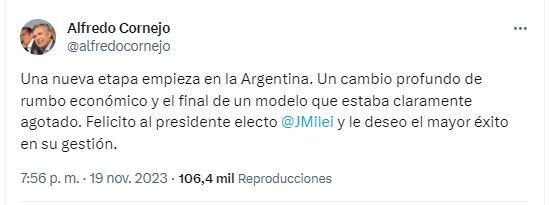 Alfredo Cornejo salió a felicitar a Milei en redes sociales.