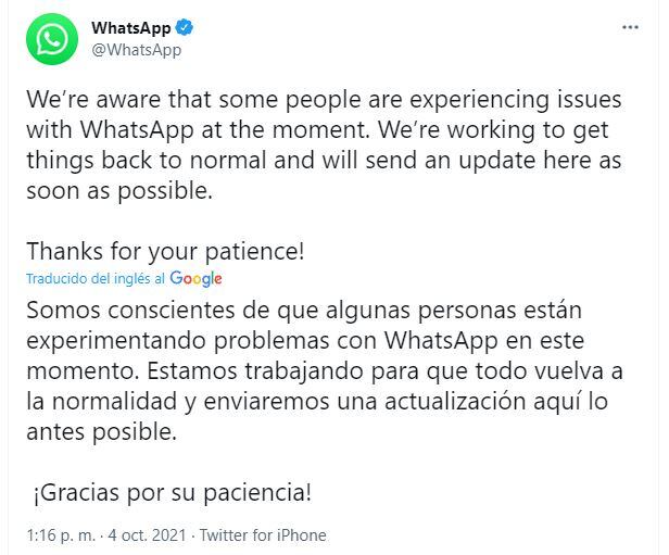 Comunicado de WhatsApp sobre la incidencia a nivel global del servicio de mensajería.