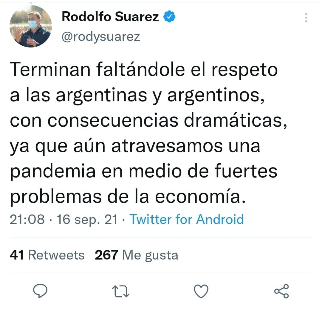 Rodolfo Suarez apuntó contra el Gobierna Nacional.