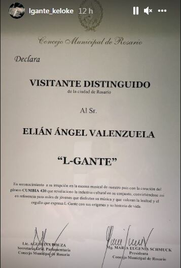 Distinción del Concejo Municipal de Rosario a L-Gante