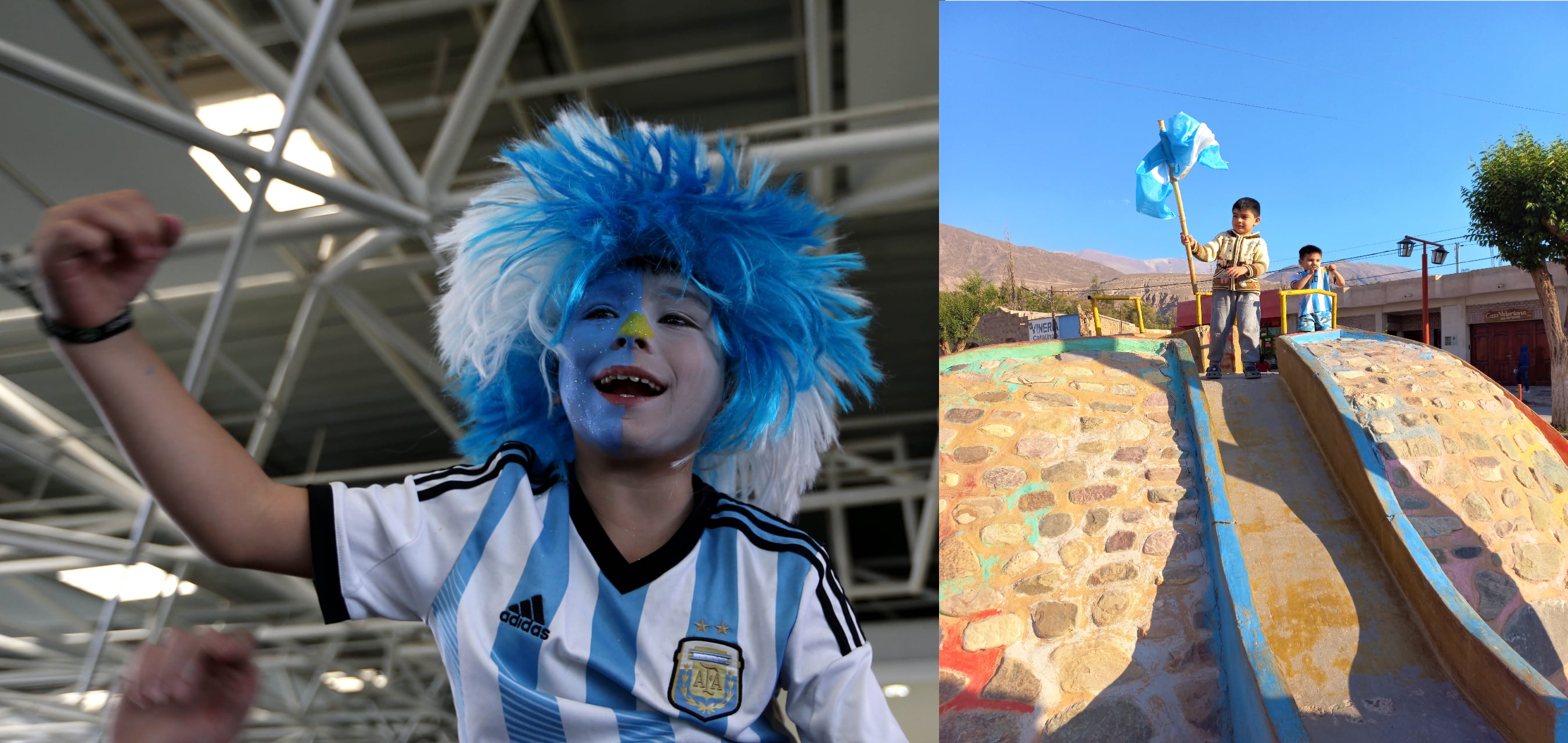 Los más chicos le pusieron también color al festejo. En Tilcara (der.) fueron los primeros en salir a festejar el triunfo de este sábado en Qatar.