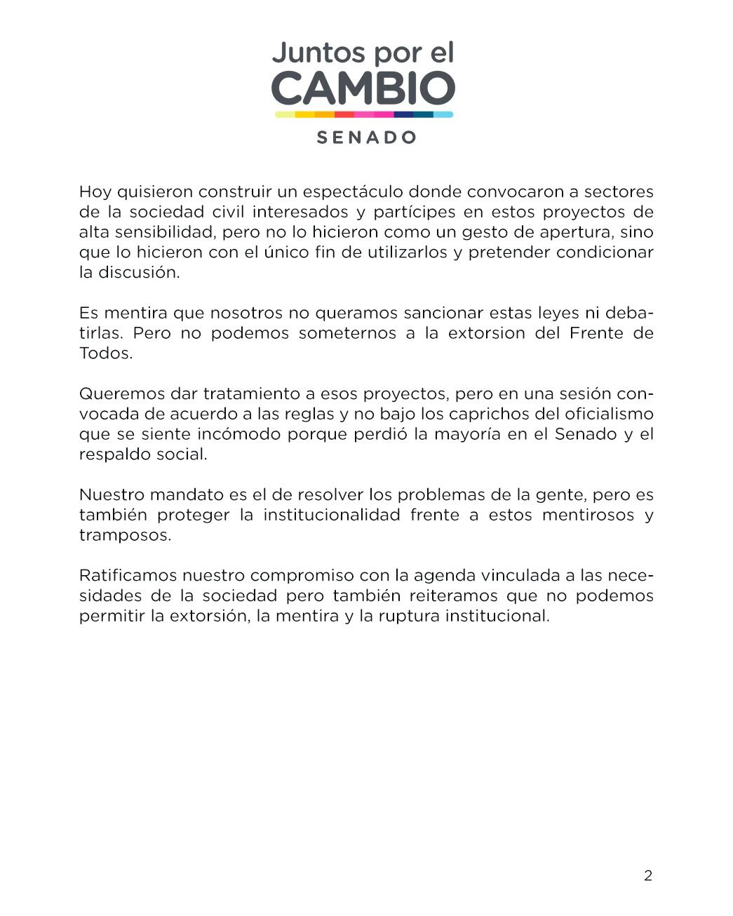 El comunicado completo de Juntos por el Cambio luego de la escandalosa sesión de este jueves en el Senado.