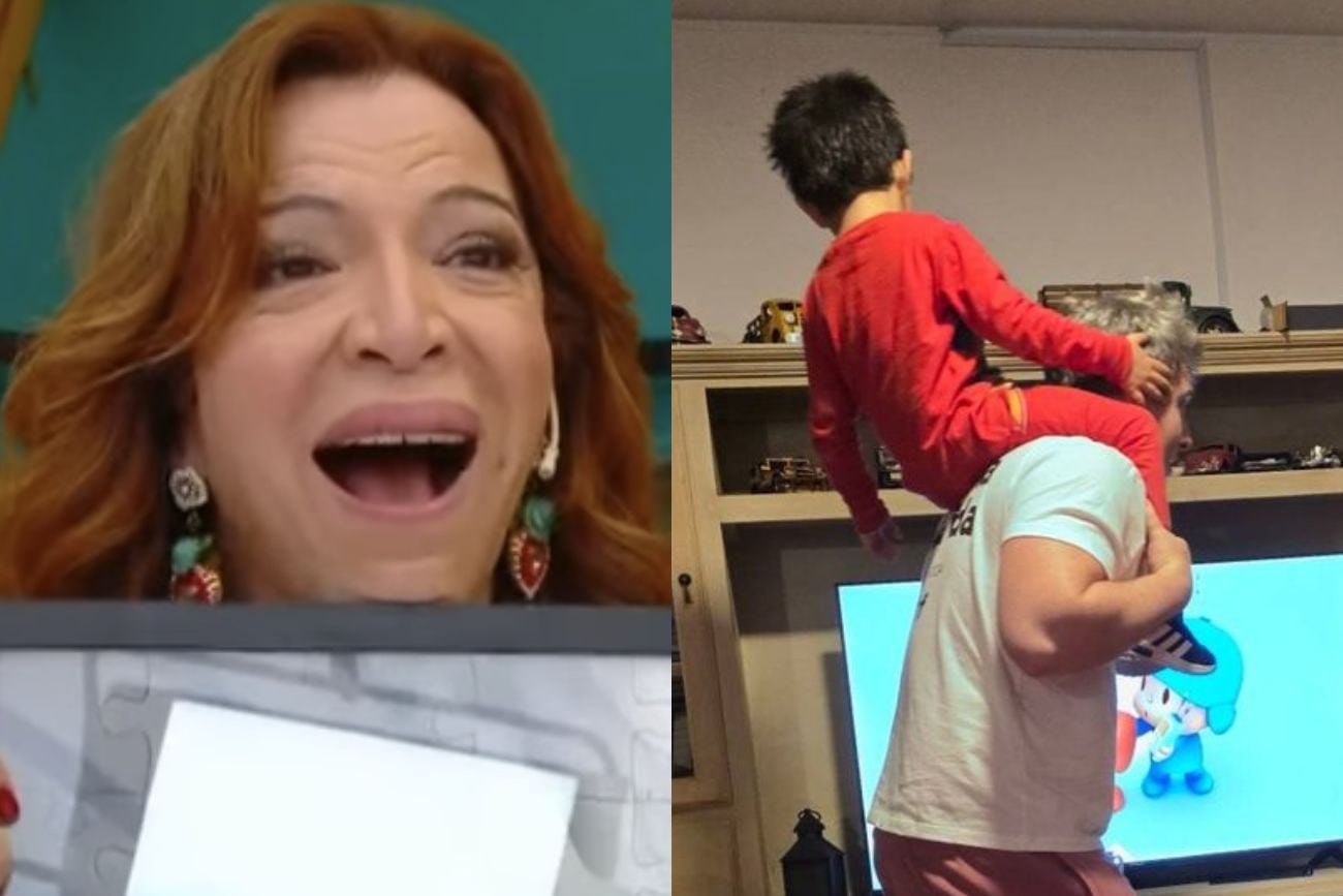 Lizy Tagliani se emocionó con el regalo que le hicieron su hijo y su esposo en La Peña de Morfi (Collage web)