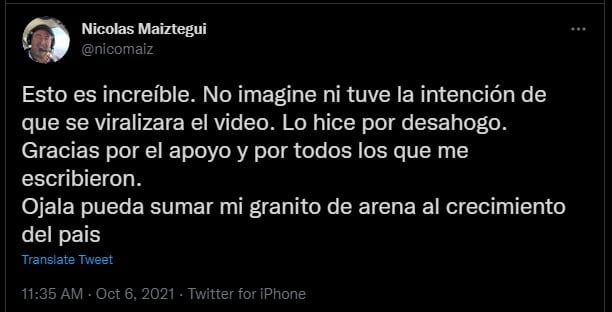 El tweet de Nicolás Maiztegui luego de que su video se volviese viral.