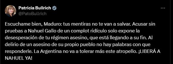 El mensaje de Patricia Bullrich para Nicolás Maduro