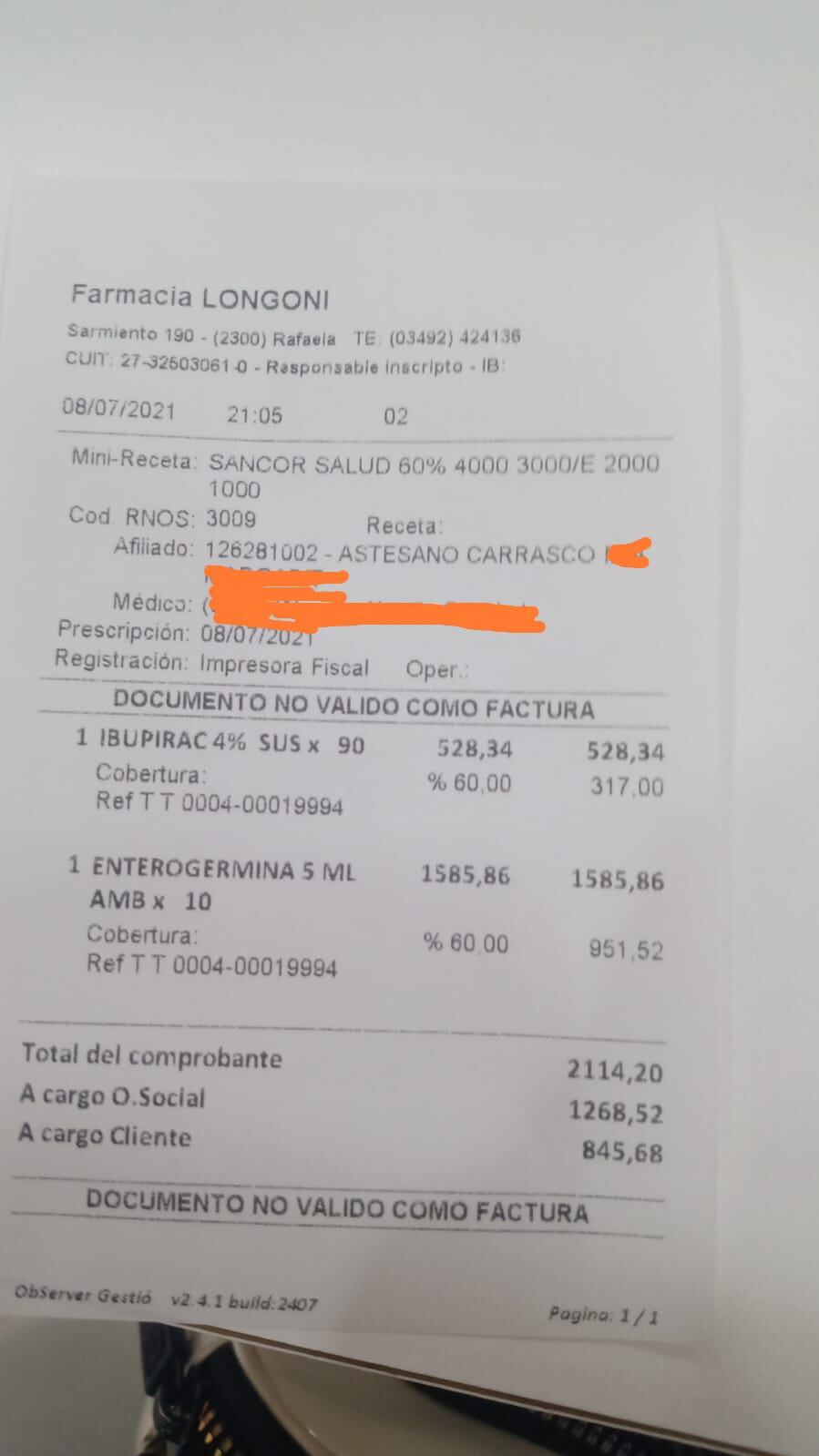 El ticket de la farmacia con los medicamentos recetados, luego de ser adquiridos