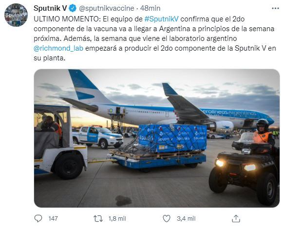 Llegan segundas dosis de la Sputnik V.