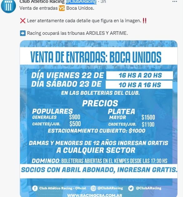 Este viernes se venden las entradas para el Racing-Boca Unidos en el Kempes.