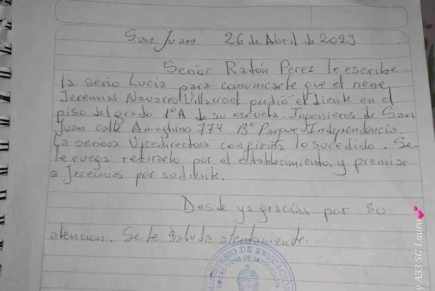 La mamá de Jeremías, de 7 años, destacó a la seño Lucía, que escribió la cartita después de la caída accidental de un diente e su hijo.