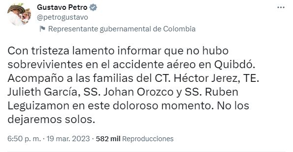 El mensaje del presidente Gustavo Petro tras el trágico accidente aéreo.