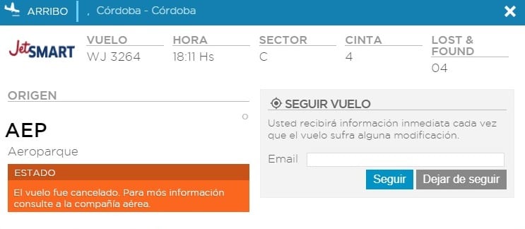 JetSmart. Cancelaciones en vuelos desde y hacía Córdoba.