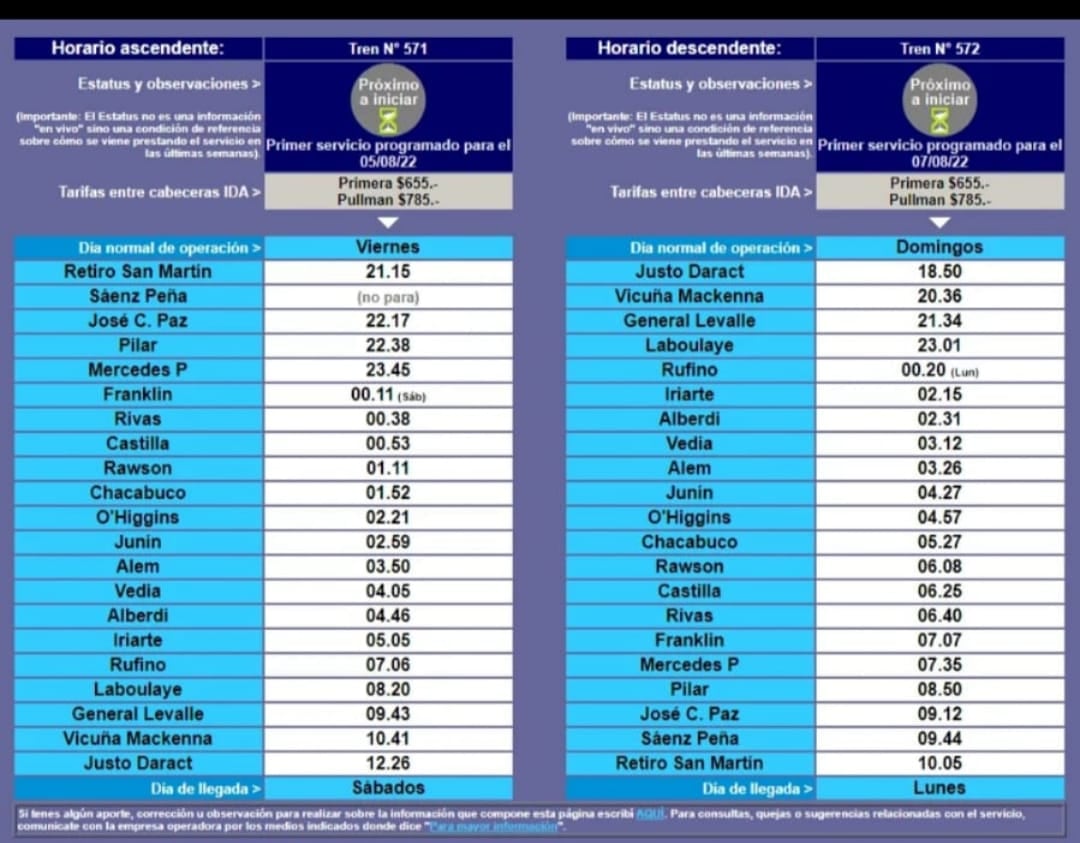 Horarios del nuevo tren de pasajeros