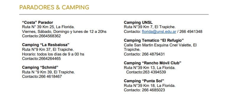 Guía turística de El Trapiche, San Luis: paradores y campings.