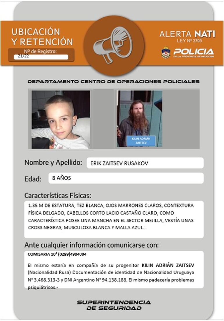 La policía neuquina reveló los datos del padre y el niño desaparecido para que la comunidad ayude en su búsqueda.