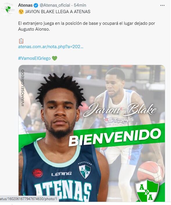 Javion Blake, flamante refuerzo de Atenas. Viene de jugar en México, como base o escolta.