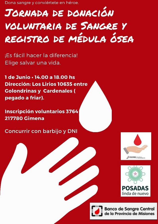 En Itaembé Guazú se llevará adelante una jornada de donación de sangre y registro de médula ósea