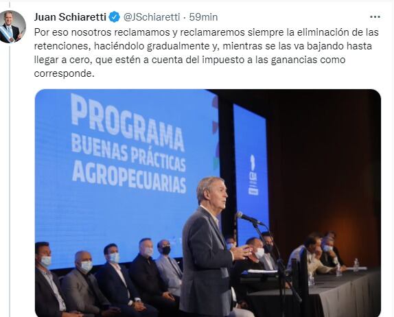 El gobernador Juan Schiaretti volvió a reclamar contra las retenciones.