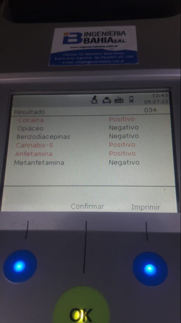 La prueba de drogas, arrojó positivo para el consumo de cocaína, marihuana y anfetaminas a Ricardo Iorio