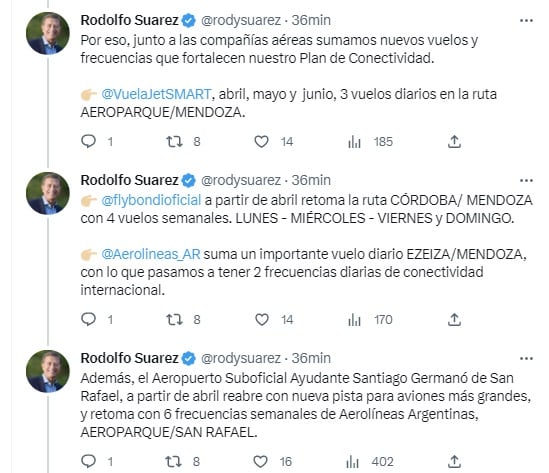 Anuncio de Rodolfo Suárez con más vuelos y reapertura de aeropuerto de San Rafael (Twitter @rodysuarez)